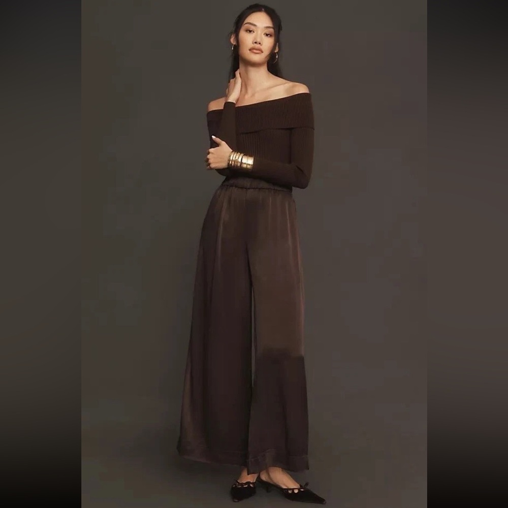 Off-Shoulder Knit Top and Wide-Leg Satin jumpsuit - Brown